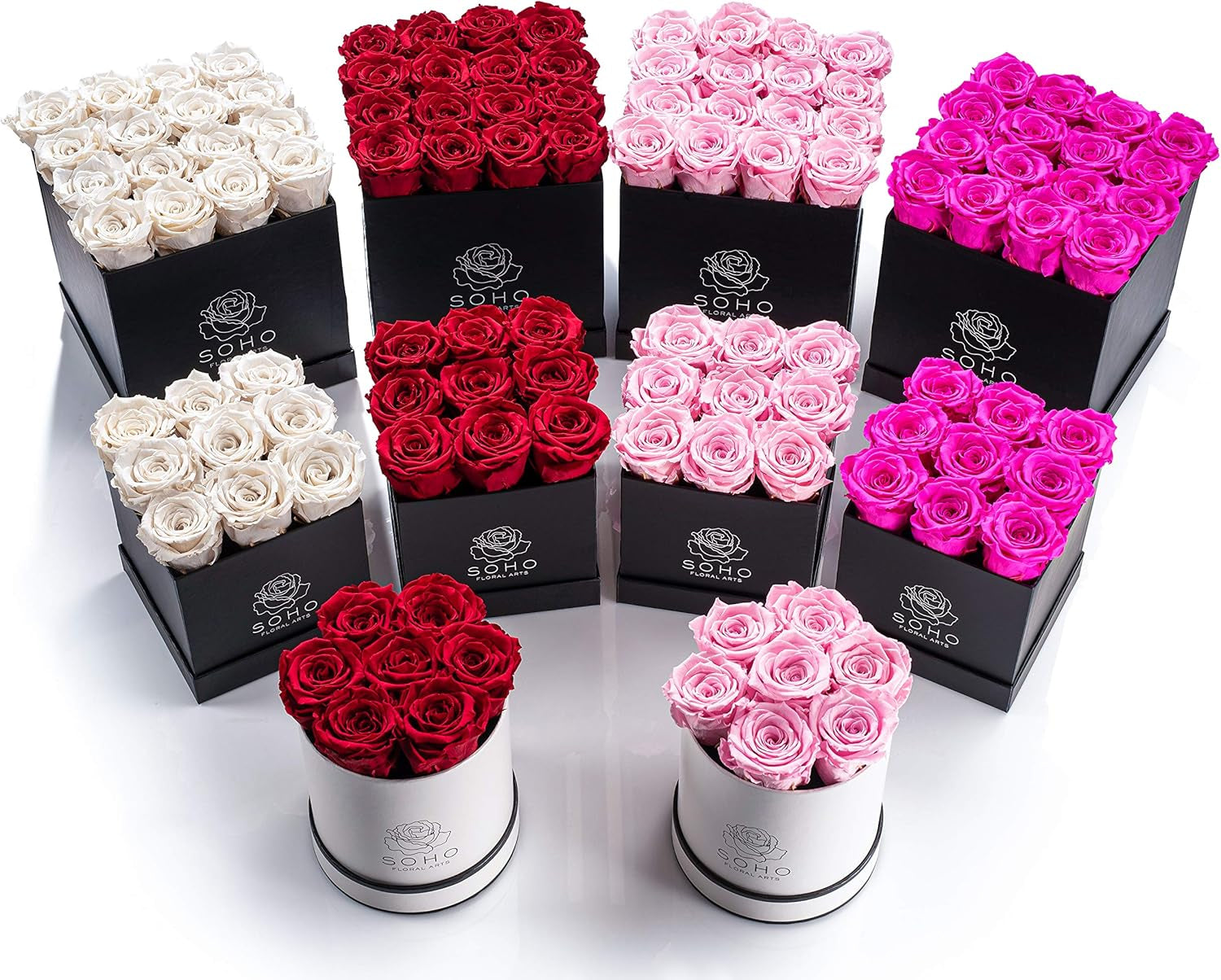 | Roses in a Box | Real Roses Last a Year or More (White Square 4Ct, Radiant Pink)