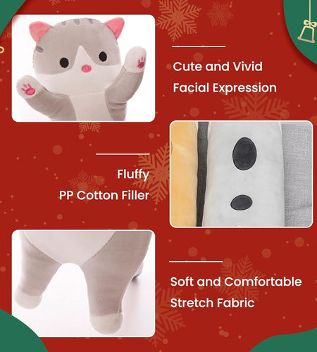Cat Soft Pillow Plush Long Throw Sleeping Pillow Cotton Kitten Pillow Cuddly Stuffed Cute Plush Doll Gift for Girlfriend (Gray, 19.7Inch)