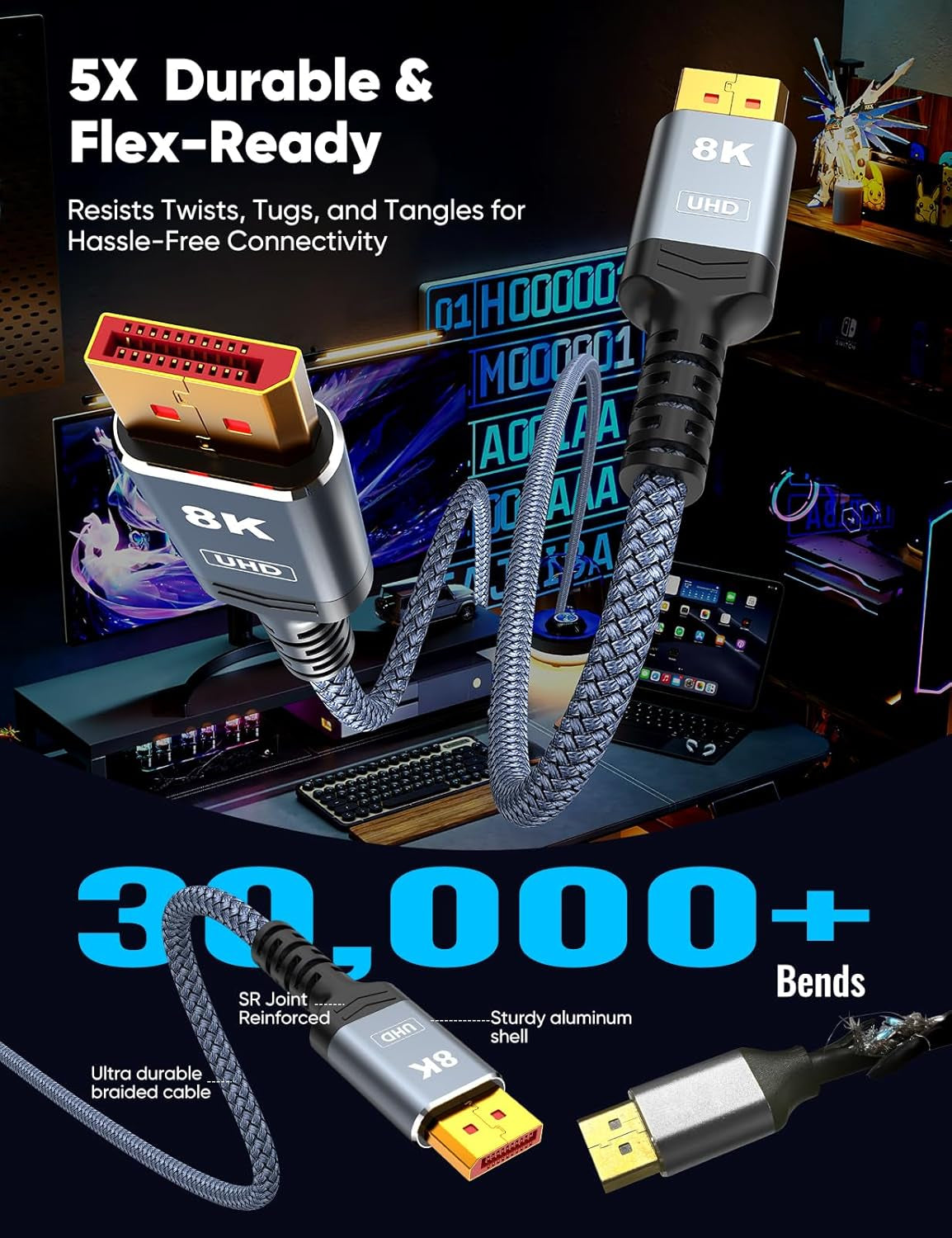 8K 4K Displayport Cable, 6.6FT DP Cable 1.4 [VESA Certified,32.4Gbps,8K@60Hz,4K@144Hz,2K@240Hz/165Hz/144Hz], Bradied High Speed Display Port Cable for Gaming Monitor, Hdr/Hdcp/Freesync/G-Sync