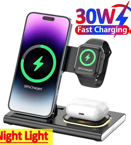 3 in 1 30W Foldable Fast Charging Dock Station for Iphone 15 14 13 12 Pro Max Apple Watch 8 7 6 Airpods Watch Wireless Charger