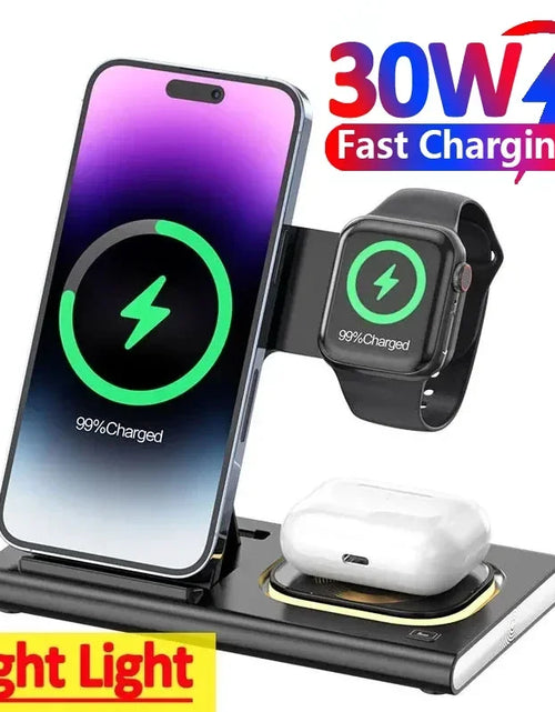 Load image into Gallery viewer, 3 in 1 30W Foldable Fast Charging Dock Station for Iphone 15 14 13 12 Pro Max Apple Watch 8 7 6 Airpods Watch Wireless Charger
