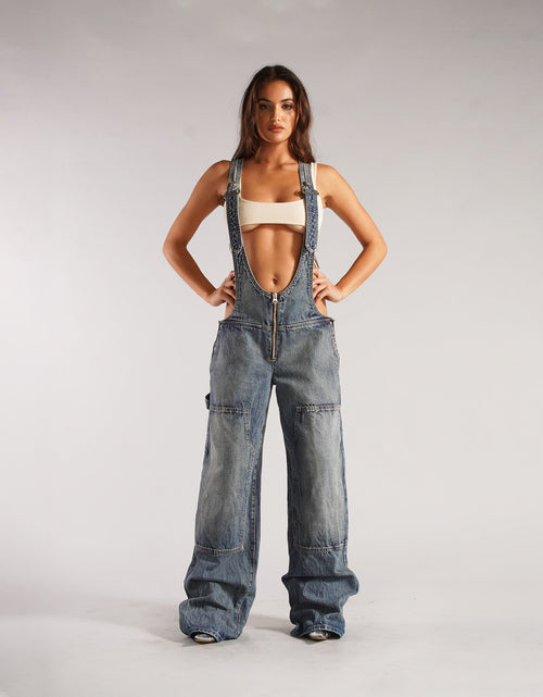 Load image into Gallery viewer, Y2K Zipper Denim Overalls with Pockets Fashion Loose Suspender Jumpsuit Streetwear Jeans Pants Womens Clothing

