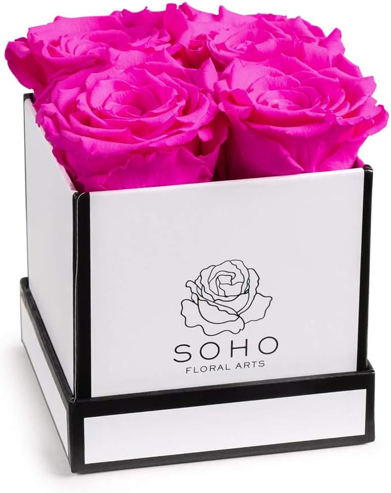 | Roses in a Box | Real Roses Last a Year or More (White Square 4Ct, Radiant Pink)