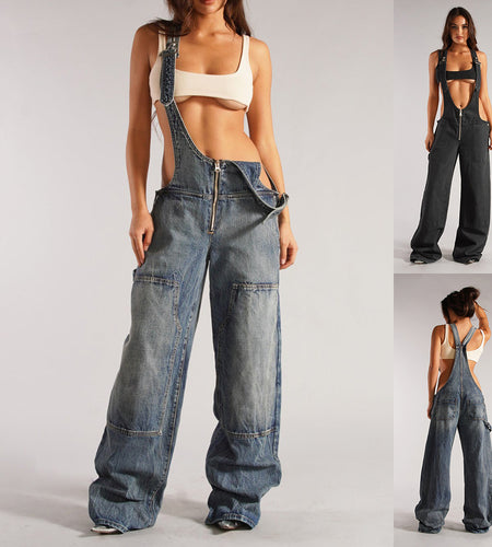 Y2K Zipper Denim Overalls with Pockets Fashion Loose Suspender Jumpsuit Streetwear Jeans Pants Womens Clothing