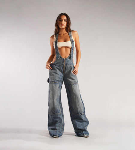 Y2K Zipper Denim Overalls with Pockets Fashion Loose Suspender Jumpsuit Streetwear Jeans Pants Womens Clothing