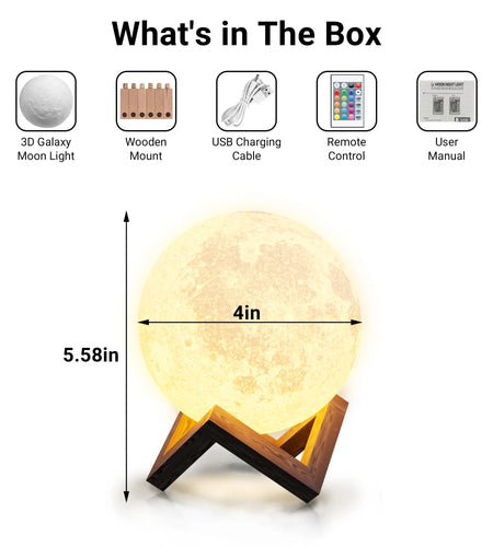 Moonlight Night Light for Kids Adults, 4Inch/3D Printing Moon Lamp Night Lamp for Bedroom Decor, 16 Color Moon Decor for Kids Bedroom Decor