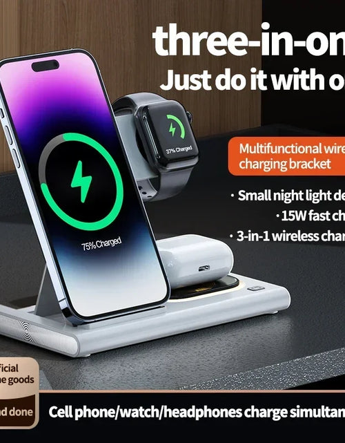 Load image into Gallery viewer, 3 in 1 30W Foldable Fast Charging Dock Station for Iphone 15 14 13 12 Pro Max Apple Watch 8 7 6 Airpods Watch Wireless Charger
