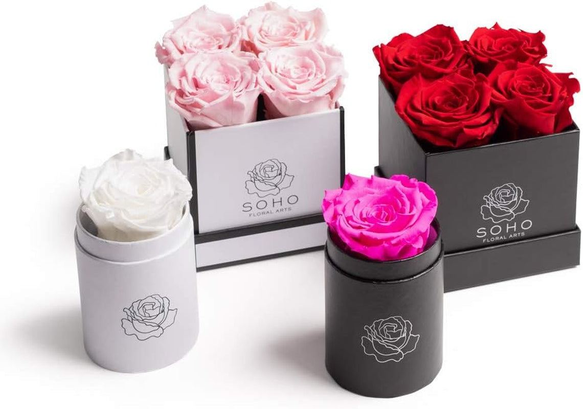 | Roses in a Box | Real Roses Last a Year or More (White Square 4Ct, Radiant Pink)