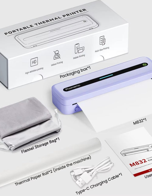 Load image into Gallery viewer, Small Mobile Printer M832 53-216Mm Thermal Paper Printer Inkless Thermal Printer PC &amp; Phone for Travel Home Mobile Office Study
